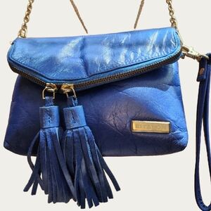 Estelon Electric Blue Leather Crossbody/Wristlet/ Clutch with Tassels EUC